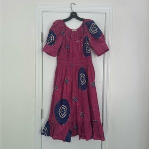 Ulla Johnson Women's Isla Midi Dress Puff Sleeve Tiered Ruffle Hem Pink Blue